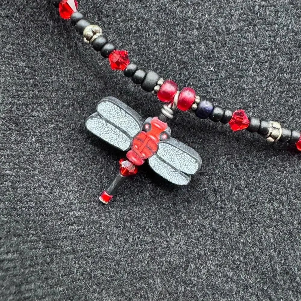 Dragonfly Pendant Beaded Necklace with Red and Black Beads Artsy Jewelery